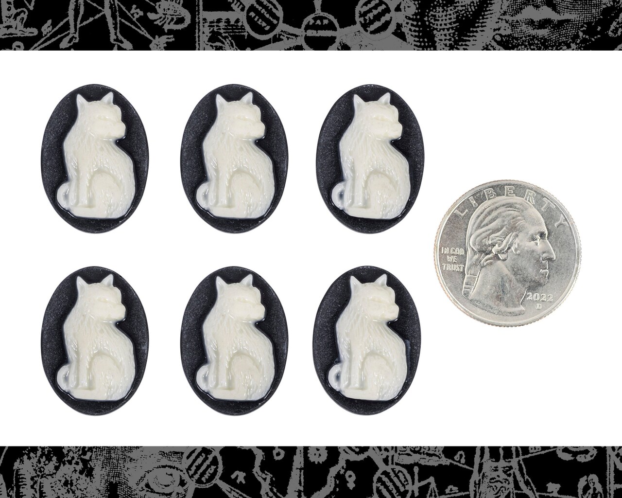Cat Cameos White Cat on Black 24mm x 18mm Resin Cameos - Set of Six - CAM305